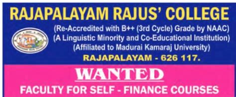 RAJAPALAYAM RAJUS’ COLLEGE WANTED – ASSISTANT PROFESSORS Last Date to ...