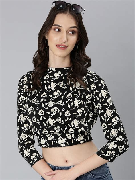 SHOWOFF Women's Floral Regular Sleeves Black Blouson Regular Top