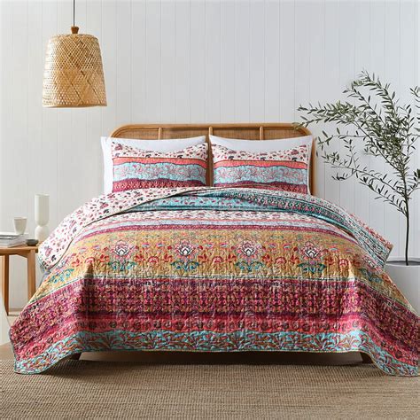 Boho Style King Quilt Set Reversible Bohemian Floral Strip Quilt ...