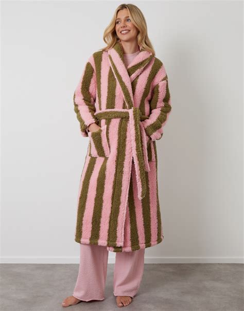 Threadbare Women's Pink & Green Stripe Borg Dressing Gown