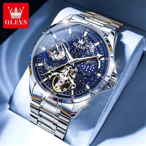 Buy OLEVS Men's Automatic Watch Skeleton Starry Sky Moon Watch Luminous ...