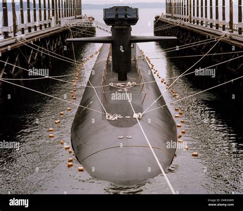 A low-angle bow view of the nuclear-powered strategic missile submarine ...
