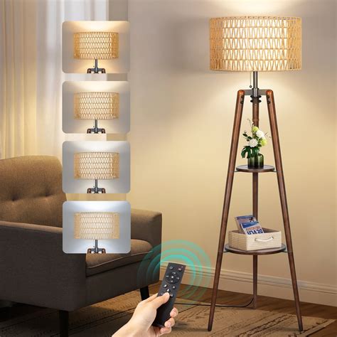 OUTON Boho Rattan Tripod Floor Lamp with Shelves, Dimmable Standing ...