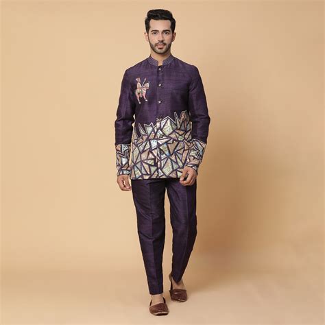 PURPLE EMBROIDERY BANDHGALA JACKET SET – Curato