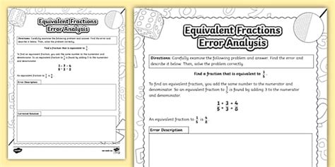 Third Grade Equivalent Fractions Error Analysis Worksheet