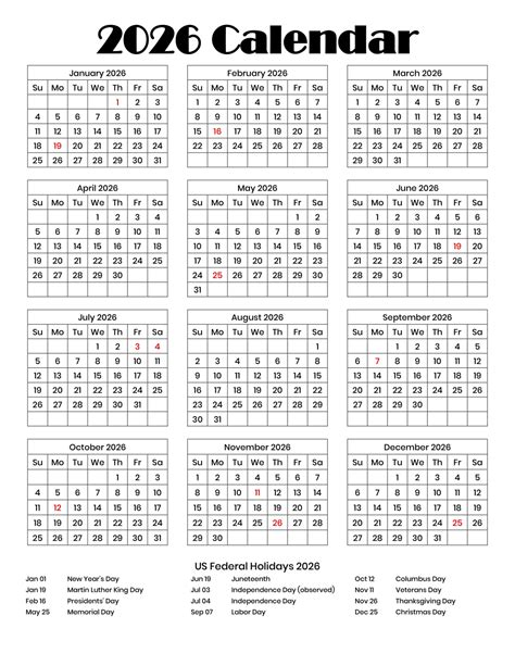 Printable 2026 Calendar with US Holidays - One Page PDF