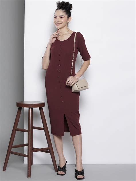 Buy Women Burgundy Front Button Bodycon Dress Online at Sassafras