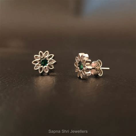 Emerald Flora Silver Studs | | by Sapna Shri Jewellers