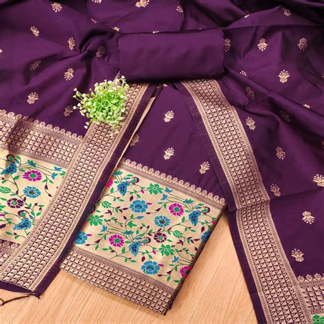 Wine Floral Zari Woven Banarasi Silk Dress Material