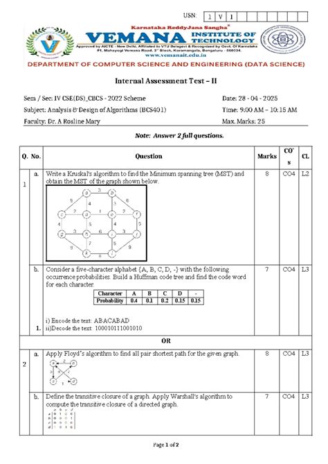 ADA IA2 SET2 - Internal Assessment Test II (BCS401) - Studocu