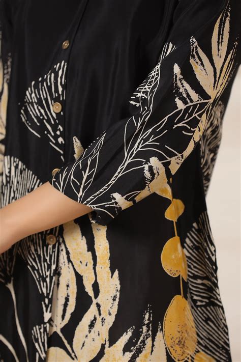 Off White & Black Bold Floral Print Russian Silk Top with Golden Butto ...