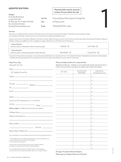 Sotheby's Absentee Bid Form - Blank Fillable Template | Fill Out, Print ...