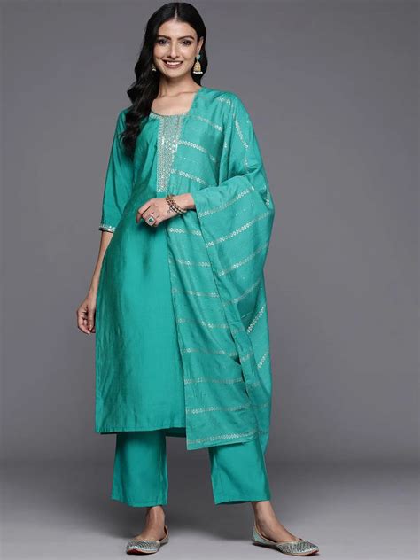 Buy Green Yoke Design Silk Blend Straight Suit With Dupatta Online at ...
