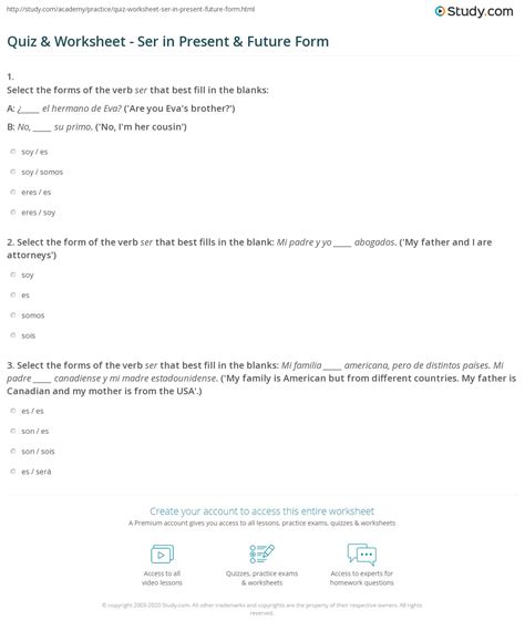 Quiz & Worksheet - Ser in Present & Future Form | Study.com