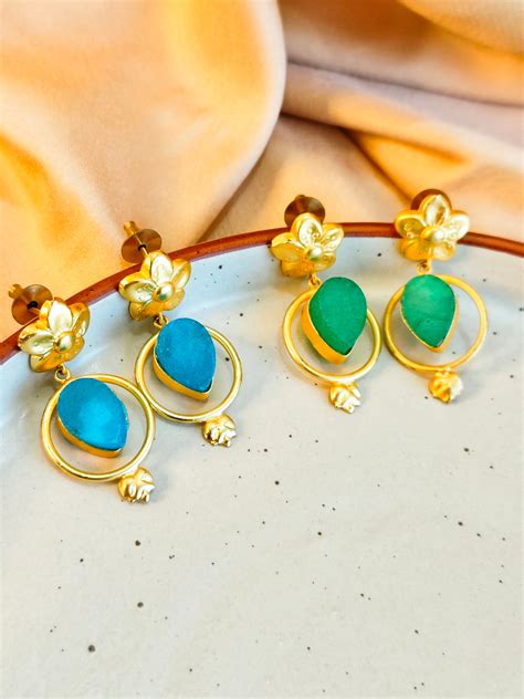Mrigaya's Tapka Earring set - Green & Blue Stone