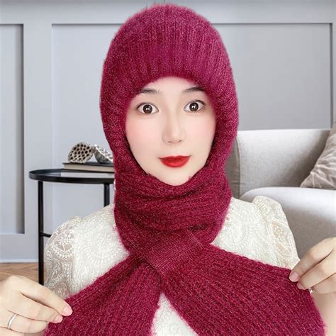Naierhg Ladies Winter Integrated Hat Scarf Thickened Knitted Warm Soft ...