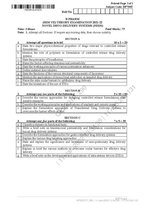 B.Pharm Sem VII: NDDS Exam Notes (BP704T) 2022 - Studocu