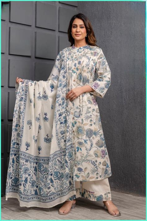 Cotton Floral A-Line Kurta Plazo Dupatta Set with Lace Detailing and M ...