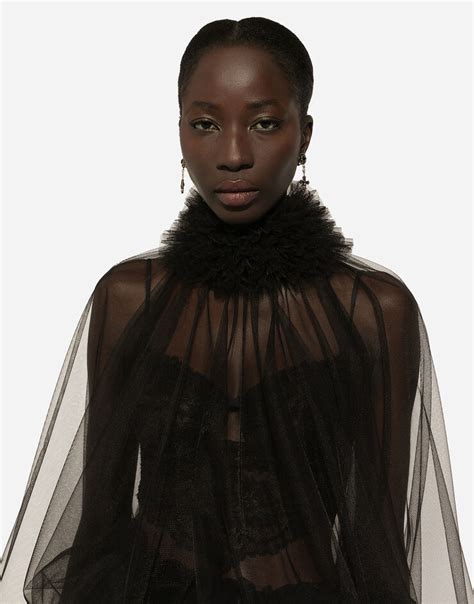 Tulle blouse with ruffles on the neck and cuffs in Black for Women ...