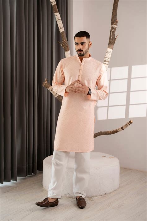 Peach Lucknowi Chikankari Sequin Work Kurta for Men | Firangi Yarn