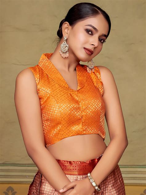 Orange Collar Neck Sleeveless Padded Blouse with Gold Zari – House of ...