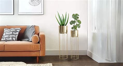 BEHOMA Gold Plated Metal Floor Planters with Stands (Set of 3), Modern ...
