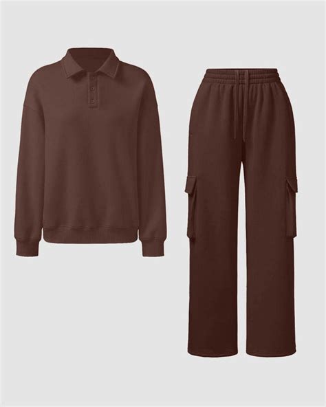 Polar Fleece Polo Sweatshirt & Elastic Waist Cargo Pants Two Piece Set ...