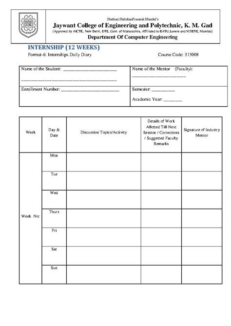 ITR K Scheme Diary - INTERNSHIP (12 WEEKS) Format-6: Internships Daily ...