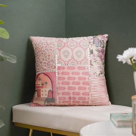 Valencia Velvet Cushion Cover With Mirrorwork Pink 16 x 16 Inch Online ...