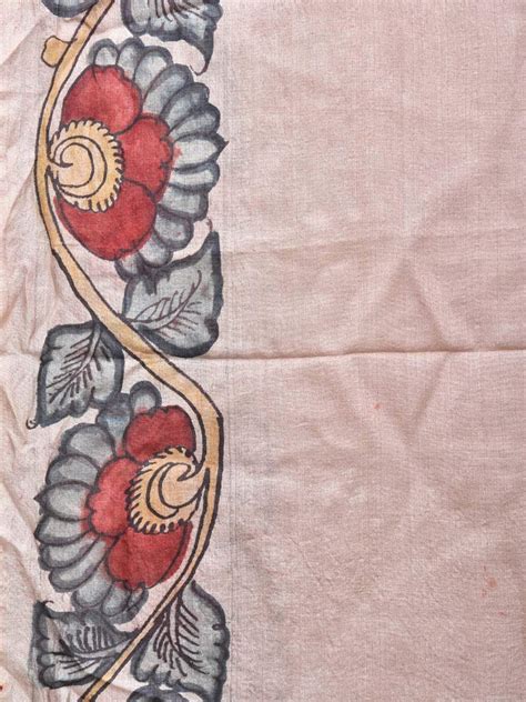 Cream Kalamkari Hand Painted Tussar Handloom Saree with Border and Pea ...