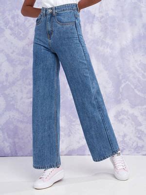 Buy Styli Women Blue High Rise Wide Leg Jeans Online