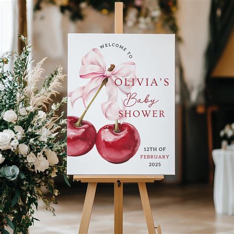 Cherry Baby Shower Welcome Sign Template Pink Bow Baby Shower Sign ...