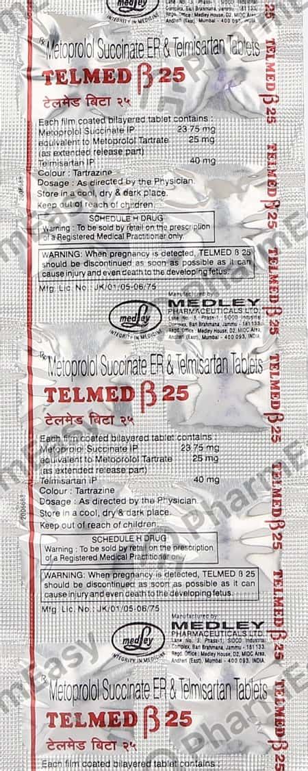 Telmed Beta 25mg Strip Of 10 Tablets: Uses, Side Effects, Price ...