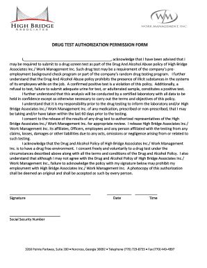 Drug Test Authorization Permission Form - Work Management - Fill and ...