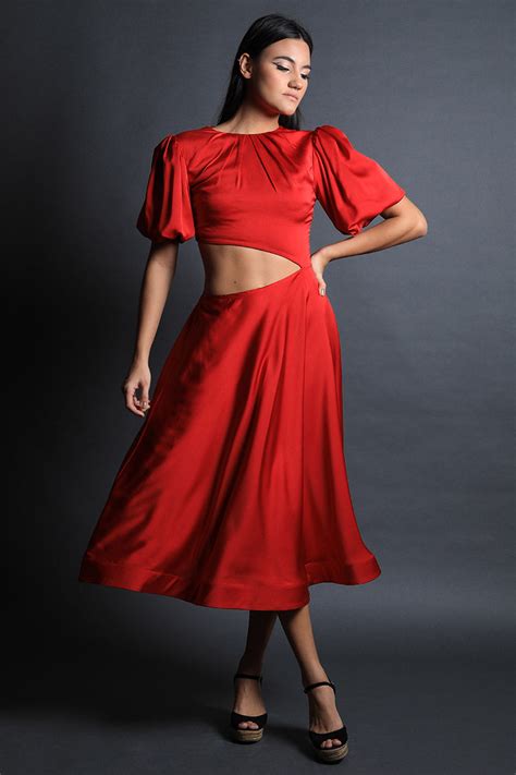 Puff Sleeves Fit & Flared Dress with Cut Out