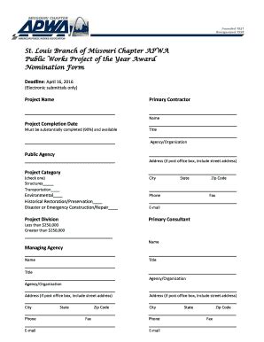 Fillable Online 2016 St. Louis Branch of Missouri Chapter APWA Project ...