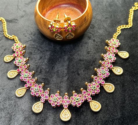 Floral Cluster Necklace Set with Lakshmi Drops – Pink & Green Stone Wo ...
