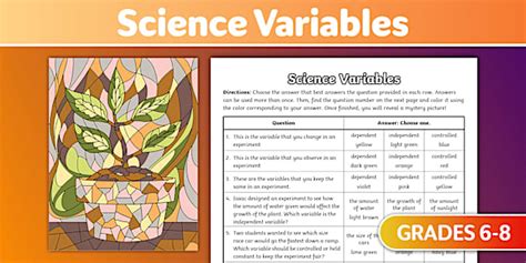 Science Variables Color by Number Activity (teacher made)