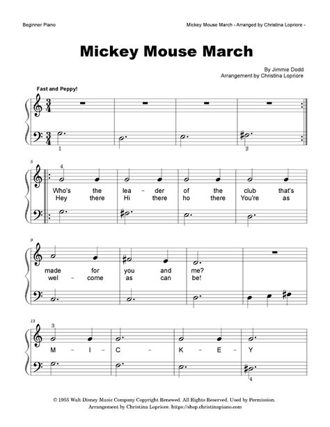 Mickey Mouse March (arr. Christina Lopriore) by Jimmie Dodd Sheet Music ...
