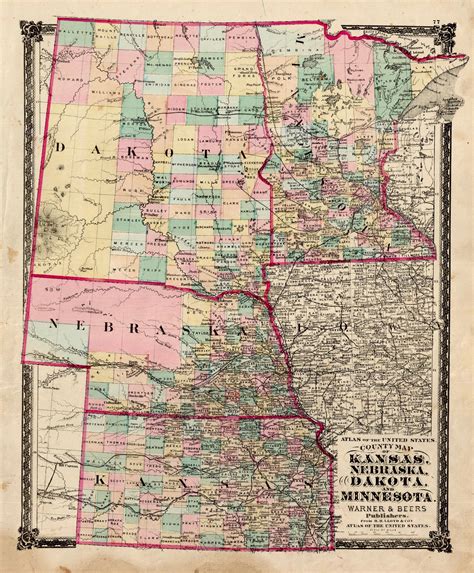 (MN., DK., NE., KS.) County Map Of Kansas, Nebraska, Dakota, And Minne ...
