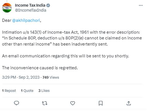 Intimation u/s 143(1) on Account of 80P deduction inadvertently sent ...