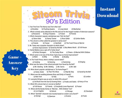 90's Sitcom Trivia Game, Printable Party Game, Back to the Nineties ...