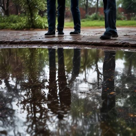 A group of people stand in a puddle with the word on it | Premium AI ...
