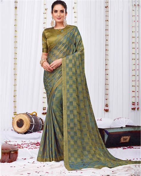 Vishal Prints Pastel Olive Fancy Chiffon Designer Saree With Fancy Sat