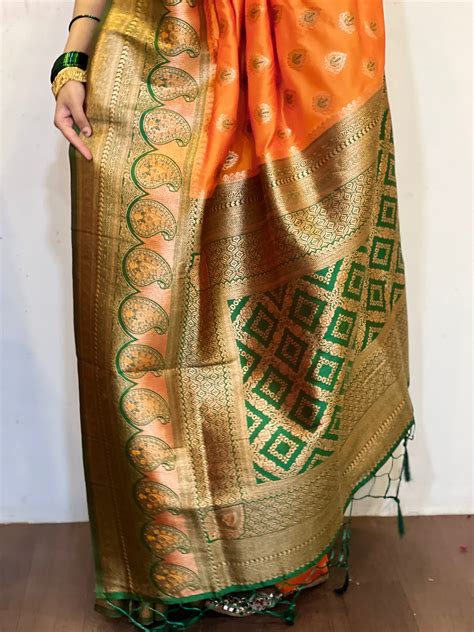 Orange Soft Silk Contrast Zari Woven Saree – Elite Weaves