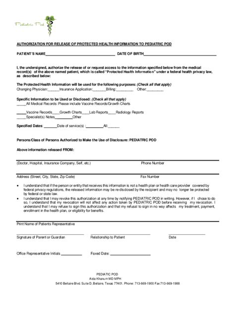 Fillable Online AUTHORIZATION FOR RELEASE OF PROTECTED HEALTH ...