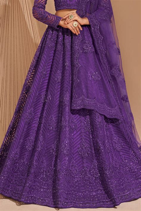 Gorgeous Voilet Stone Embroidered Silk And Net Semi-stitched Lehenga S ...