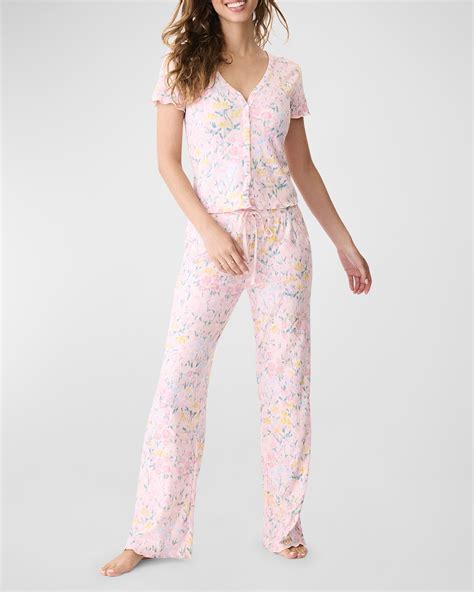 PJ Salvage Floral Fields Button-Down Pajama Set | Neiman Marcus