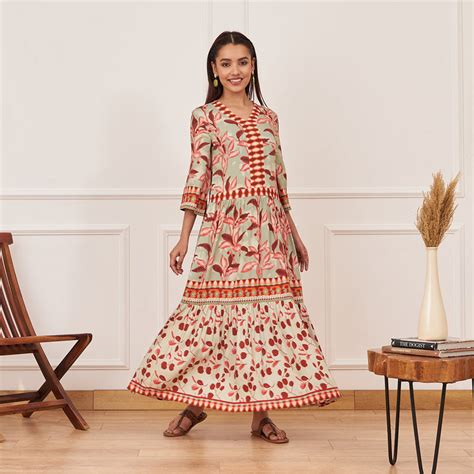 Buy Mint Green Leaf Print Tiered Dress | Rustorange
