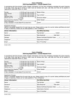 Fillable Online Town of Reading 2020 Dog Registration - License Request ...